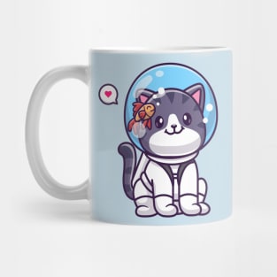 Cute Cat Astronaut Sitting With Fish Cartoon Mug